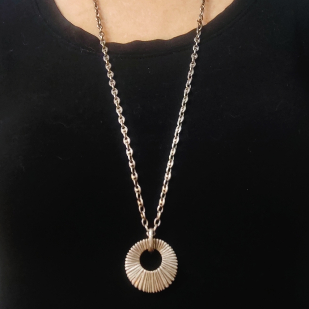 Vintage Oversized Long Sterling Silver Mod Circular Necklace Pendant